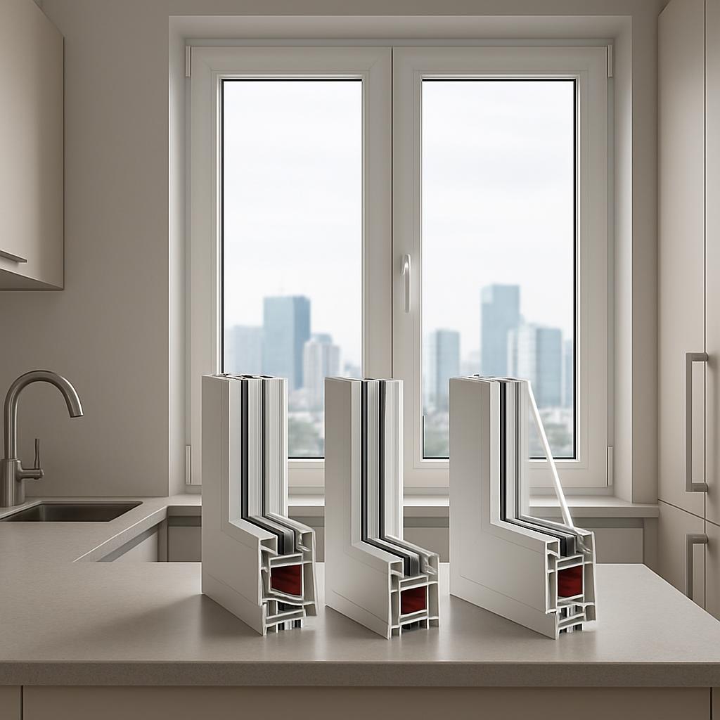 The image depicts a kitchen with white cabinets and countertops, featuring a sink on the left side and two large windows o...