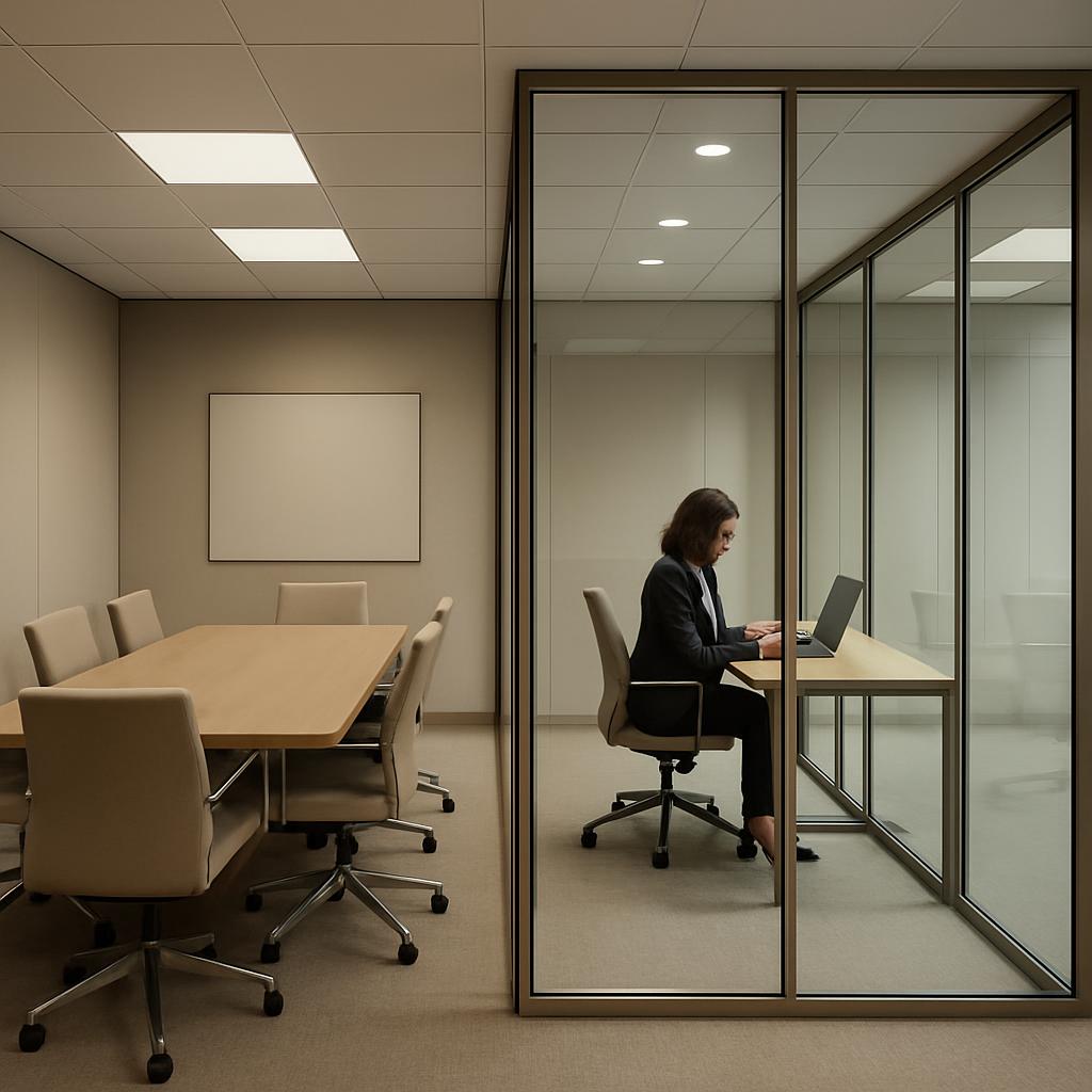 A conference room with a woman using a laptop in an enclosed area, featuring a table, office chairs, white walls and ceili...