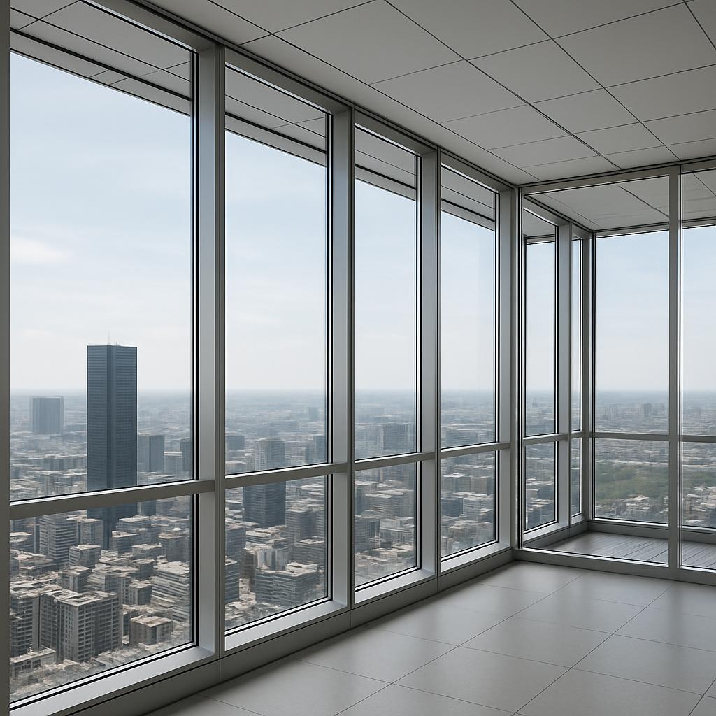 Una habitación con varias ventanas y una gran ciudad al fondo.